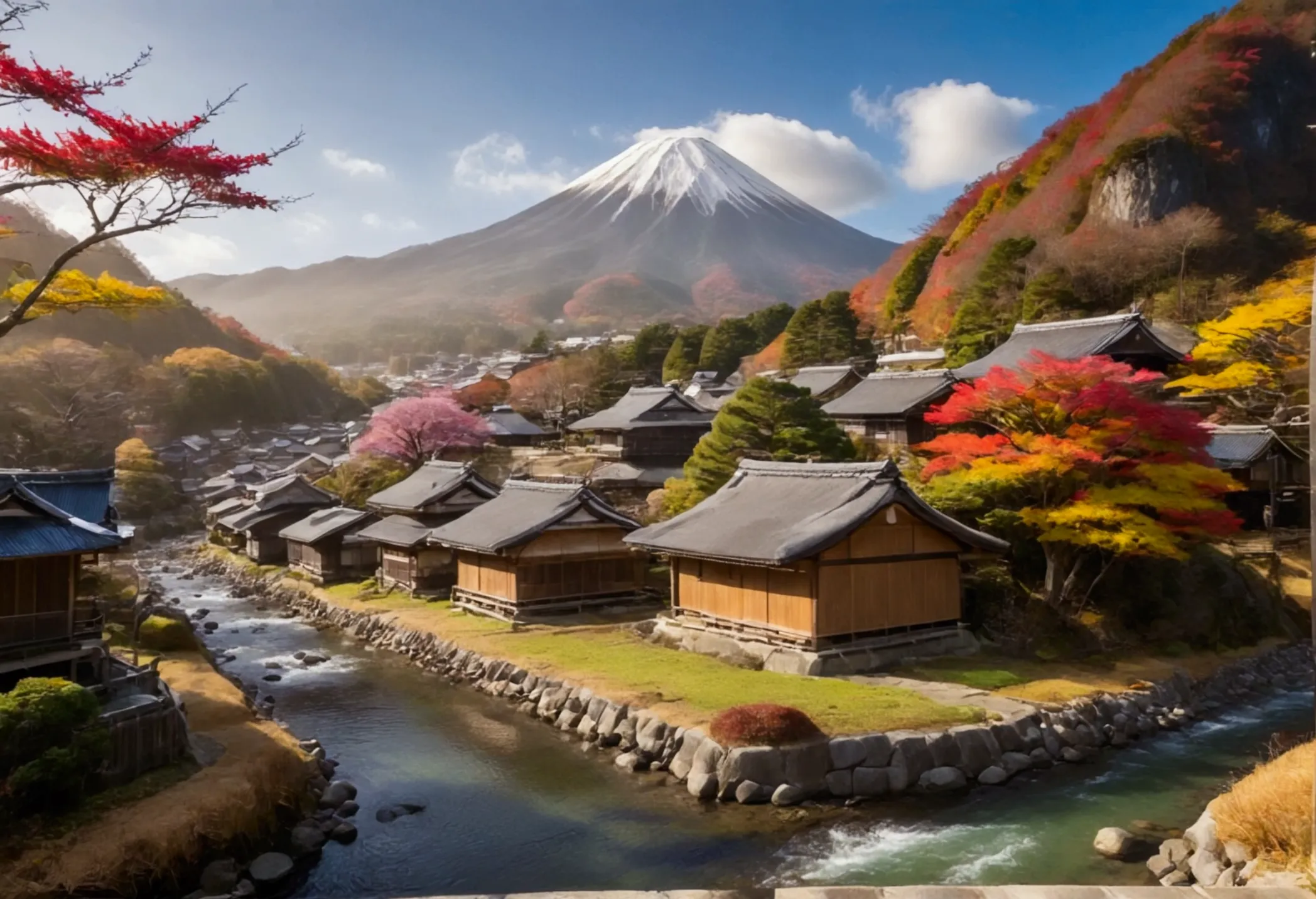 the landscape of japan in autumn, with wooden houses by the water, a small river, and mountains behind, the colors of sunlight a...