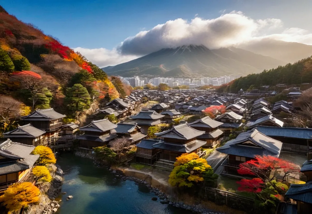 the landscape of japan in autumn, with wooden houses by the water, a small river, and mountains behind, the colors of sunlight a...