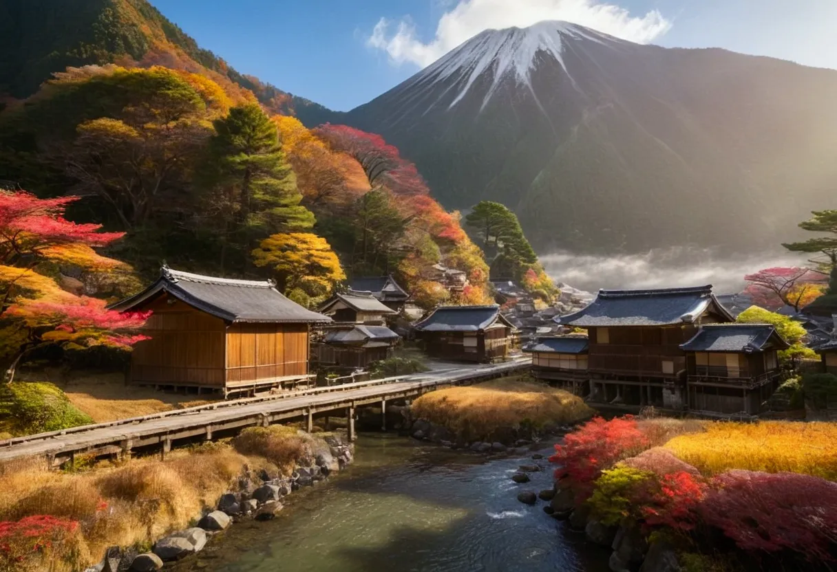 the landscape of japan in autumn, with wooden houses by the water, a small river, and mountains behind, the colors of sunlight a...