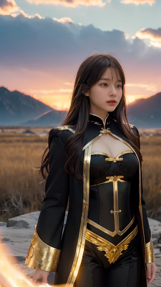 ((Masterpiece, best quality, very detailed), Volumetric light, surrounding occlusion, Rich and colorful, glow), 1 woman, lonely, young girl, (Brown bangs), long hair, radius, radius, sacred, goddess, Priesthood, (ฺBlack suit with gold trim:1.3), armor, outdoor, sunset, sky, cloud, space, (Fantasy Theme:1.2),