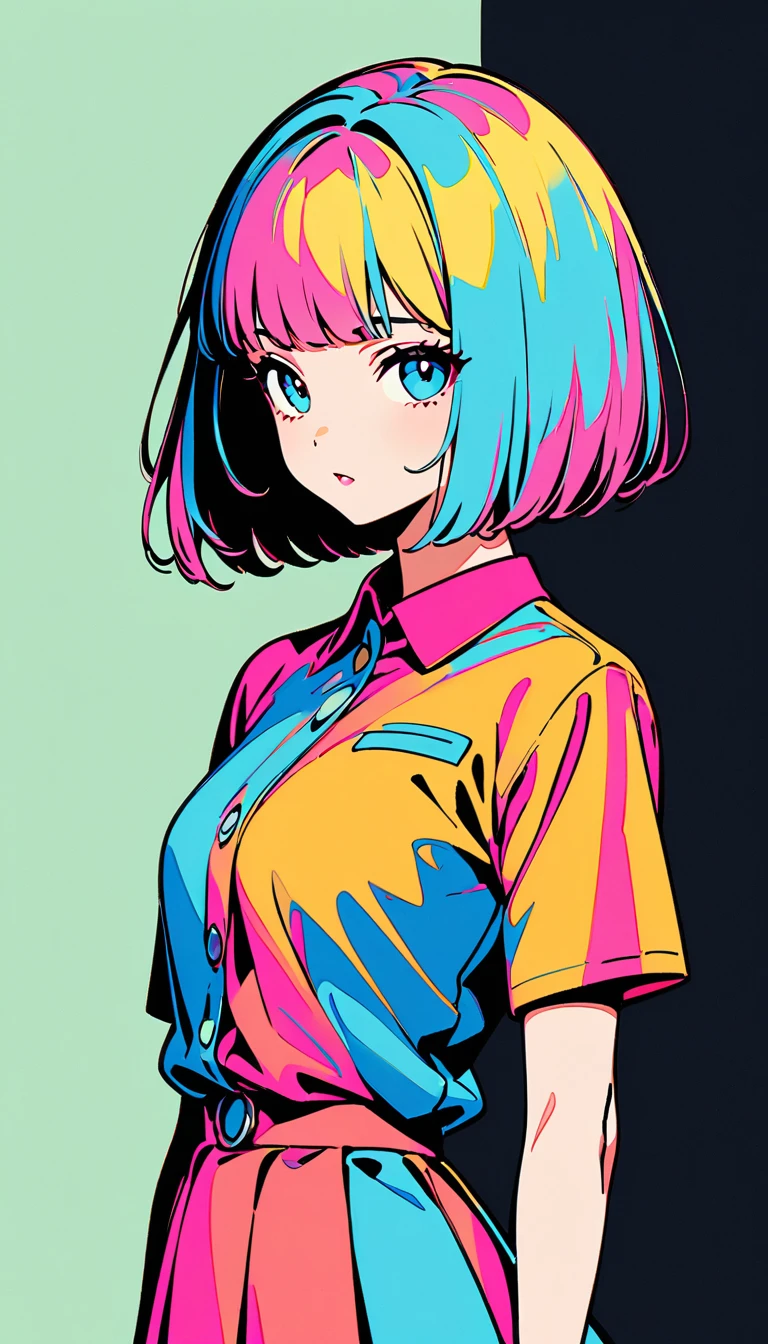 (Highest quality:1.2, City Pop Style, Very detailed, up to date, Vibrant, High Contrast, masterpiece:1.2, Highest quality, Best aesthetics), girl, ((Face Up Shot:1.4)), Bobcut, pastel colour, ((Retro, Vintage, Plain background)), Monochrome Art, Anime character line drawing