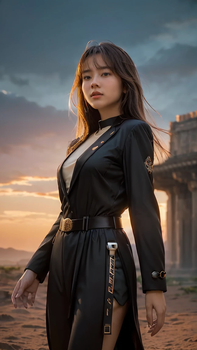 ((Masterpiece, best quality, very detailed), Volumetric light, surrounding occlusion, Rich and colorful, glow), 1 woman, lonely, young girl, (Brown bangs), long hair, radius, radius, sacred, goddess, Priesthood, (ฺBlack suit:1.3), armor, outdoor, sunset, sky, cloud, space, (Fantasy Theme:1.2),