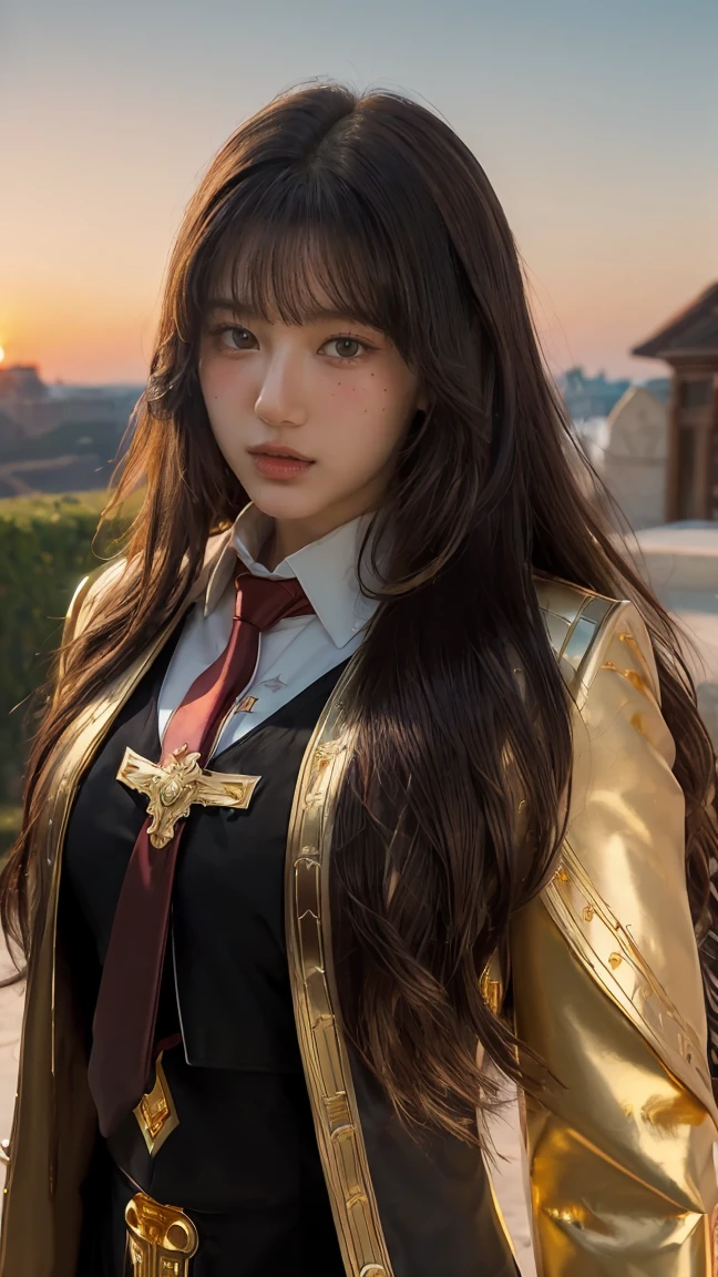 ((Masterpiece, best quality, very detailed), Volumetric light, surrounding occlusion, Rich and colorful, glow), 1 woman, lonely, young girl, (Brown bangs), long hair, radius, radius, sacred, goddess, Priesthood, (Black suit with gold trim and red tie:1.3), armor, outdoor, sunset, sky, cloud, space, (Fantasy Theme:1.2),