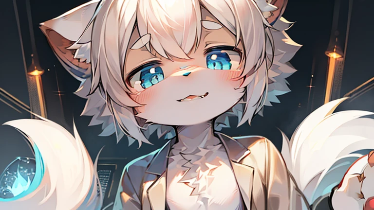 (Bright environment:0.8),masterpiece,high quality,abstract res,number\(artwork\), From dagasi, Yes,Seizan(Fluffy fur,character focus:1.1),male cat,short hair,portrait , Bright eyes, panoramic, character focus.(Detailed background:0.7), hairy, hairy male, Male focus, (全身hairy, A cat's tail, White fur, Blue pupils, White hair:1.2), (Cats、cat plush、Lab coat、Cat Girl：1.2）