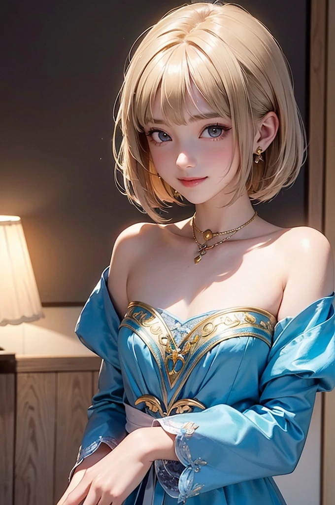 ((masterpiece, best quality, ultra-detailed, high resolution, extremely detailed CG, super detailed, Most beautiful clean lighting)), 1girl, small girl, under 12, cute girl, pretty face, smile, white skin, Beautiful gold hair, hair cut in a row, bob cut, straight hair, blur eyes, kawaii, slender, small build, kawaii, little body, Blue princess dress, divine garment, fantastic landscape, ultimate beauty