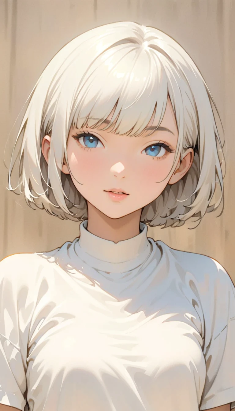 (Highest quality:1.2, Very detailed, up to date, Vibrant, masterpiece:1.2,Best aesthetics), Monochrome, girl, ((Face Up Shot:1.4)), Bobcut, ((Retro, Vintage, Plain background, Monochromeアート, Anime character line drawing)),