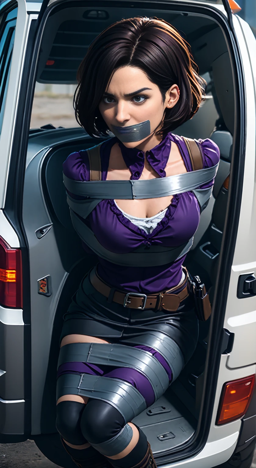 Highest quality, masterpiece, high resolution, 8k, cinematic lighting, sharp resolution, medium shot, 1 woman with chin length hair, short hair, dark bob cut, thick hair, center part, undercut nape, stacked bob, voluminous hair, luxurious hair, in her 30s, purple blouse, knee length, skirt, dark stockings, and calf boots, baggy blouse, wrinkled clothing, detailed face, looking at viewer, focus on face, photo realistic, character, video game cut scene, smooth, anime, detailed face, perfect skin, beautiful, Insanely detailed, close up, taped mouth, ((tape gag): 1.4), gag, ((gagged)), (((arms bound behind back))), elbows taped, wrists taped, desperate struggle, thrashing, arched back, in vehicle, in back of van, frightened, pleading eyes, desperate escape attempt, stalker, , true crime, peril, impending