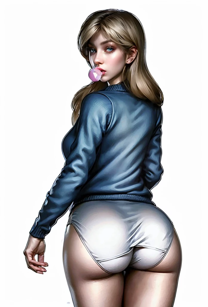 (masterpiece, best quality)), ((((perfect anatomy)))), ((Buff)) Norwegian woman with long blonde hair, dark eyeshadow, dark blue eyes, blowing bubble gum, blue sweater, white cotton panties, big booty, (((realistic art style)))