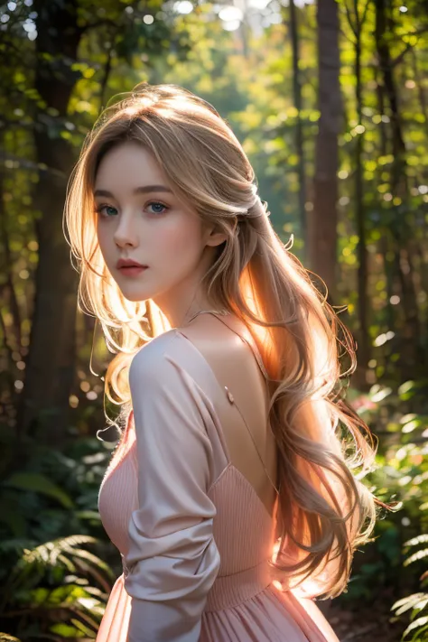 (8k), (masterpiece), (best quality), (super details), (award winning), (realistic), lens flare, glowing light, woman in a pink dress standing in the woods, (photography), modeling shoot, beautiful girl, (beautiful face:0.8), slender blonde girl, fashion photography portrait, pale skin curly blond hair