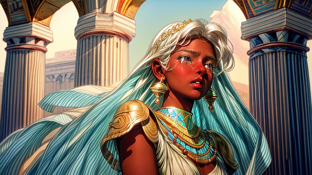 High resolution, masterpiece, Highest quality, Textured skin, Plump Skin, Glowing Skin, girl, Just One, Brown Skin, White Hair, White eyelashes, Small breasts, human, Royalty, Crescent-shaped earrings, Egyptian ornaments, Flying in the air, dress, armor, Low exposure, adult, around 20 years old, Crying out loud, Crying, Surrounded by sadness, Big tears, Twin tails, In the heavy rain