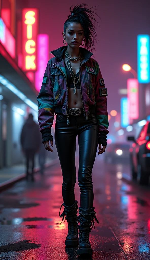 cyberpunk, cyberpunk girl, punk, colorfull punk and sci-fi outfit, crazy hairstyle, native american origin, dark night, backlight from strong car light, dark silhuette from front,