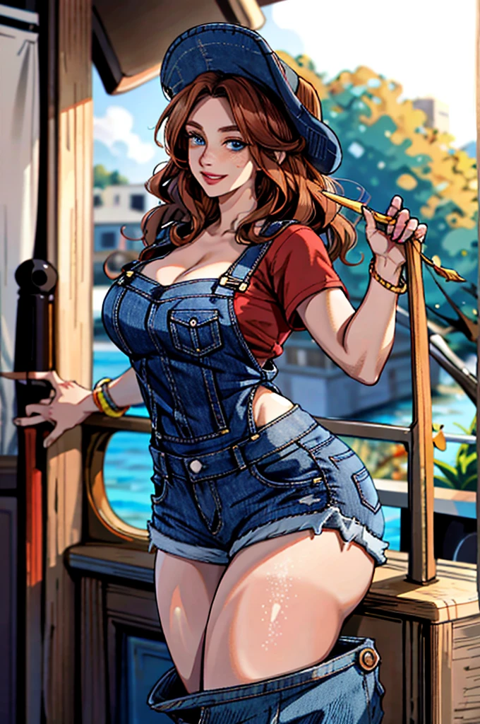 Best quality, solo mature woman, giant breasts, giant ass, very curvy, dark skin, ginger curly hair tied up, ocean blue eyes, full lips, seductive, smiling, red flannel shirt tied short, jean shorts, farmer hat, denim overalls, freckles, thick thighs, curvy physique