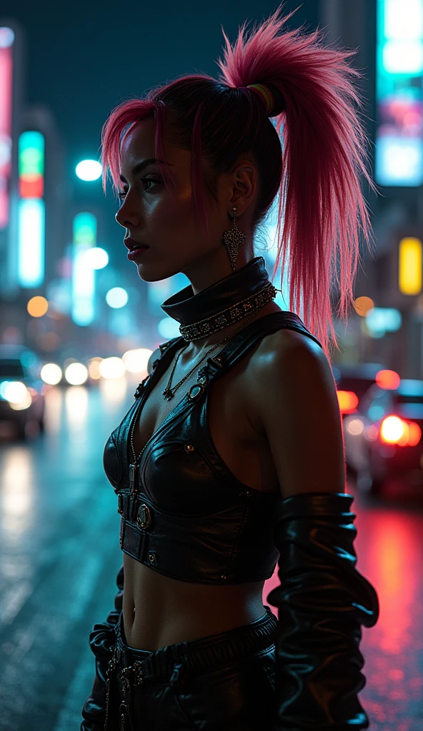 cyberpunk, cyberpunk girl, punk, colorfull punk and sci-fi outfit, crazy hairstyle, native american origin, dark night, backlight from strong car light, dark silhuette from front,