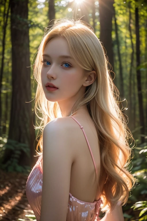 (8k), (masterpiece), (best quality), (super details), (award winning), (realistic), lens flare, glowing light, woman in a pink dress standing in the woods, (photography), modeling shoot, beautiful girl, (beautiful face:0.8), slender blonde girl, fashion photography portrait, pale skin curly blond hair