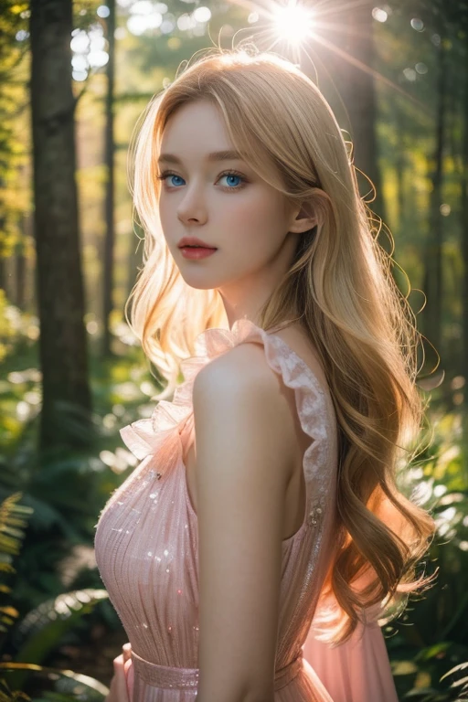 (8k), (masterpiece), (best quality), (super details), (award winning), (realistic), lens flare, glowing light, woman in a pink dress standing in the woods, (photography), modeling shoot, beautiful girl, (beautiful face:0.8), slender blonde girl, fashion photography portrait, pale skin curly blond hair