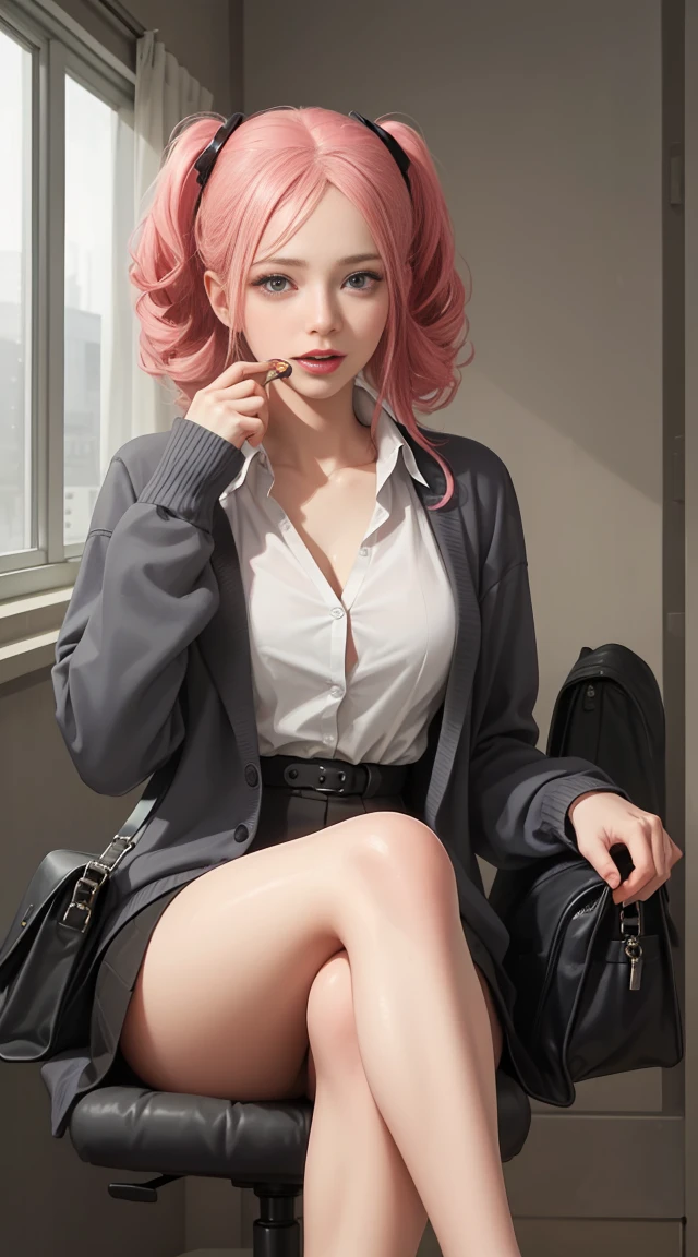 ((work of art, best qualityer, high resolution, pixel perfect, 8k))), ((1 girl、full body seen))、 ((bangss、Beautiful pink hair、hypdertailed、Rebecca do anime One Piece、two long hairs on the side))、((Gorgeous eyeballs、beautiful eyelashes、Realistic eyeballs))、 ((Detailed Face, blushful:1.2))、((soft texture:0.75, realistic texture:0.65, photorrealistic:1.1))、dynamic angle、perfectbody、(perfectly insanely detailed eyeballs、Holding the duffel bag perfectly、playing with hair、rosy cheeks、((wearing a white shirt、black cardigan、Office skirt、duffel bag、wearing a clock on left hand、aretes、in the office、At work、happy Face、sitting and talking to audience happily、cross legs、gorgeously cross legs、eating candy))、gaping mouth、ultra realistic eyeballs、ultra insanely detailed eyeballs、talking to audience、beautiful black heels、(cute portrait、very high quality、ultra high definition、 insanely detailed Face、Ultra-high quality、ultra high clarity)、incredibly detailed dress、Curvy Body、Caucasian skin、better clarity、ultra high resolution、Resolução 8k、beautiful smiling、beautiful eyelashes、gorgeous Face、gorgeous representation of a Face、perfectbody、erotic look on Face、Dynamic lightning、(innocent_big fit ass_eyeballs:1.0)、Ablaze_正面_Face_Lighting、pele Ablaze、bokeh:1.2、full body shot shot、professional photograpy、textured leather