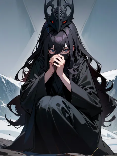 they_black mask,giant mask,long black coat,black curly hair,squatting on the mountain,at night,it&#39;s snowing,scary,wide shado...