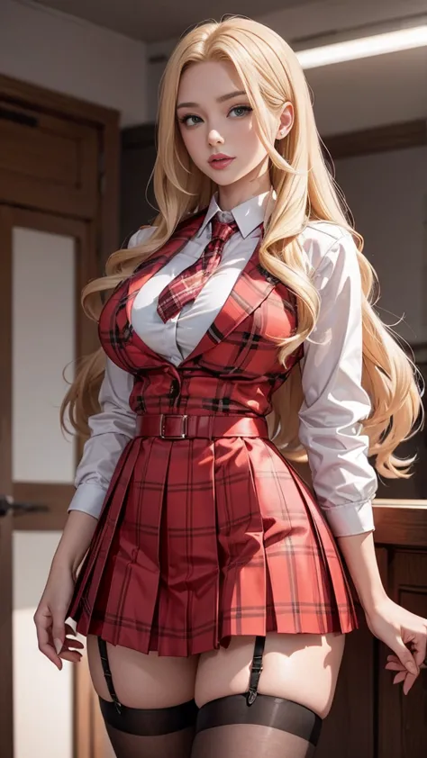 a blonde woman, 3, sports jacket、high school uniform、red plaid skirt、unbuttoned transparent shirt, plaid pleated skirt, jk style...