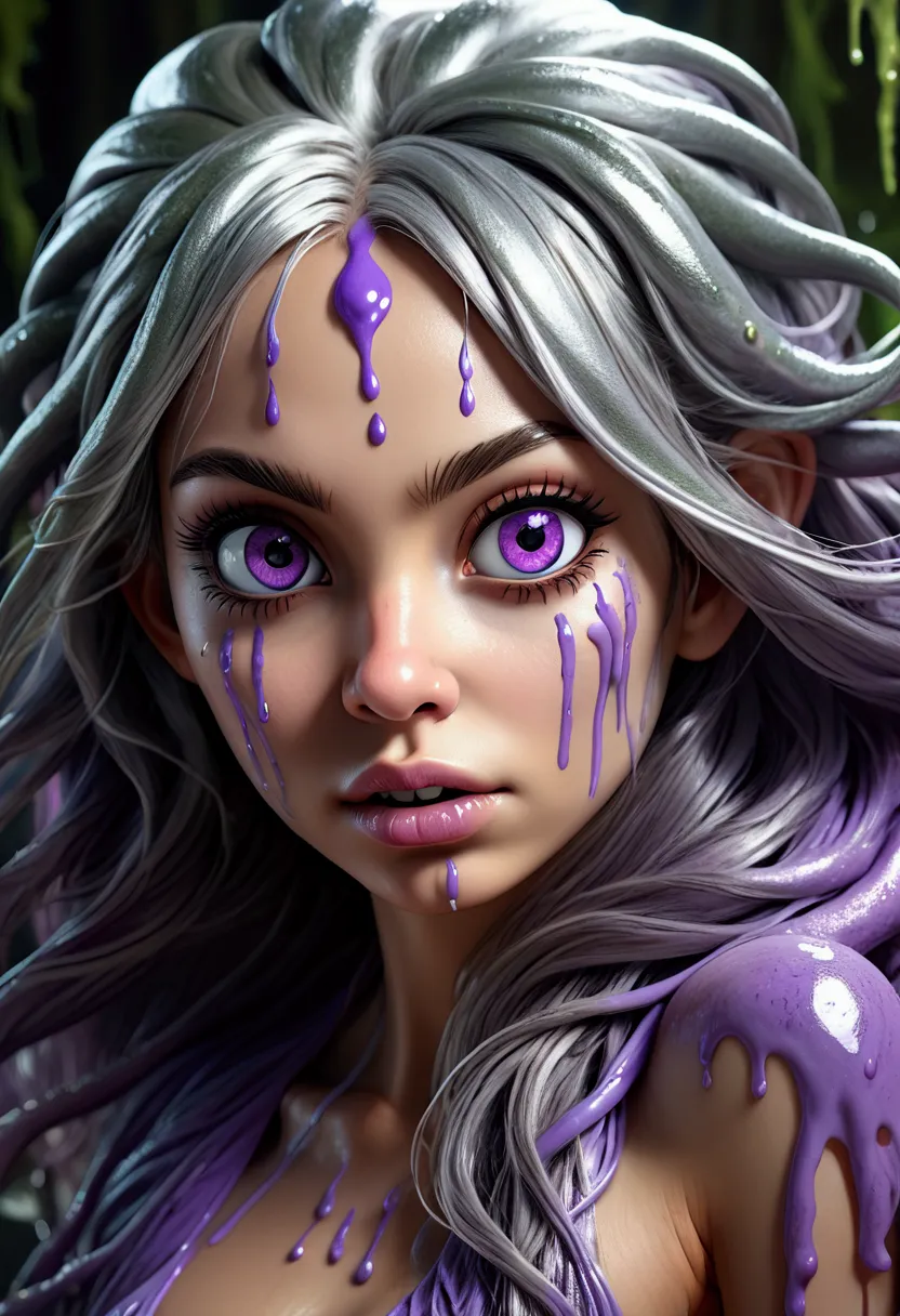 a silver purple slime monster girl, 1girl, slime monster, beautiful detailed eyes, beautiful detailed lips, beautiful detailed f...