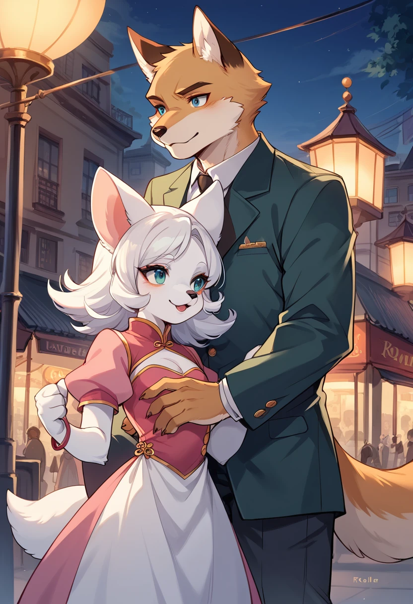 rating_safe, score_9, score_8_up, score_7_up, score_6_up, score_5_up, score_4_up, hires, highres, source_furry(furry anthro, kemono, couple, young 1male detective, 1woman in Chinese dress)movie poster, movie artwork, concept art of love, in a city street at night, moulin rouge,