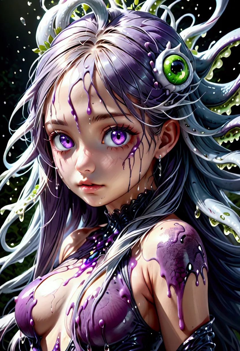 a silver purple slime monster girl, 1girl, slime monster, beautiful detailed eyes, beautiful detailed lips, beautiful detailed f...