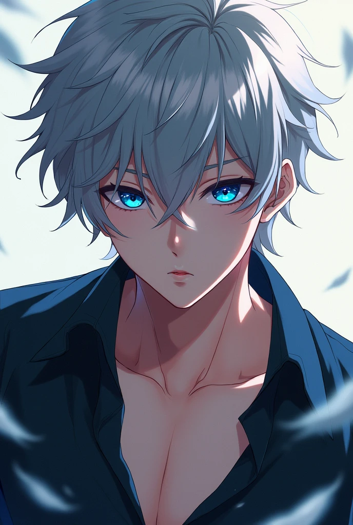 Anime boy with grey hair and blue eyes on a bed posing (angle from below)