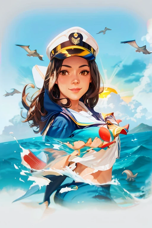 Digital drawing, best quality, 8k, of a woman, a sailor, on a boat at sea, with seagulls around her, dolphins jumping near the boat in a beautiful sunset, the woman with a navy cape and a coat also from her mother saluting, as if she were posing for a photo, with a beautiful smile and the other hand on the joystick