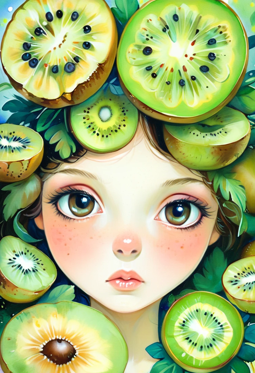 Face Light,Watercolor background:,Daytime,Blurred Background,Two Girls,Takamichi Style, Girl with sour expression after eating kiwi fruit、close your eyes、Raise your eyebrows、Mouth lolling、Pink kiwi fruit background、Highest quality、Masterpiece, style of Diane Dillon, comic art style, anime art style, style of Jeremiah Ketner