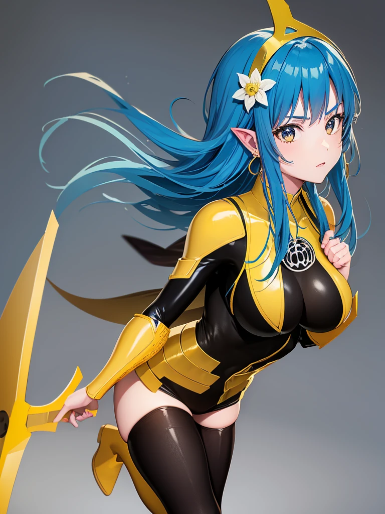 1girl, solo, dark hair, pointy ears, Hoop earrings, long hair, bang, blue hair, simple background, hair flower, Samurai armor, yellow armor, tall boots, yellow boots 