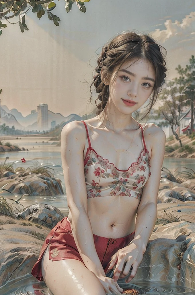 (((best quality))), (((ultra detailed))), (((masterpiece))),(gongbi:1.5),illustration,((1 beautiful young girl,solo)),((short hair,braids)),(detailed eyes:1.3),((blush,sweat,wet)),(smile:1.3),((slim,thin)),(healthy, vitality),((small breasts,flat chest)),(red floral sheer singlet:1.3),(navel:1.2),(red floral sheer shorts:1.3),(slender legs:1.2),(sitting on the rock:1.3),(On the riverbank:1.3),fresh wind,delicate,(holding a basin filled with clothes:1.3),vibrant colors,graceful, enchanting,hard work,cornfields,bright sunlight,(detailed background:1.3), vivid wildflowers, various colors, petals, fragrant, scent, flavor,houses in the distance, Chinese-style, green mountains, (clear water of river:1.3), eaves, harmonize, natural, environment, vegetable gardens, orchards, harvest, tranquility, naturalness,beauty, labor, blooming,(rural scape:1.3),(outdoor:1.3),(day scene:1.3),((summer, afternoon)), (countryside:1.3),((from front,upper body))