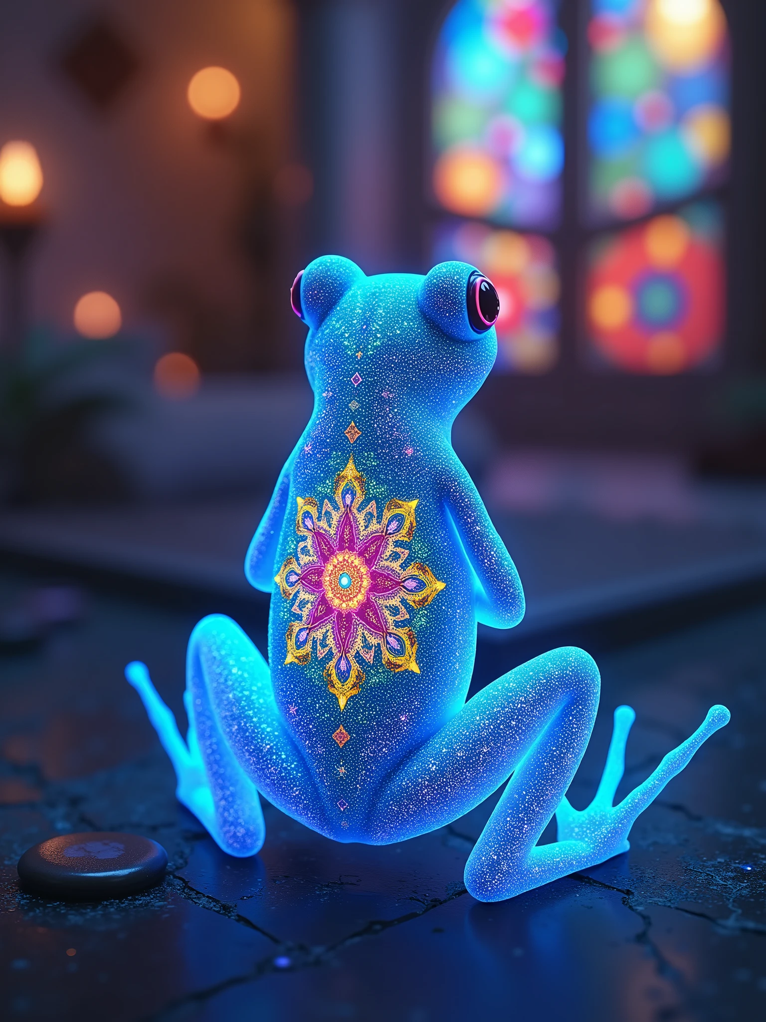 (masterpiece, Highest quality), 8k,(((Very detailed))), Race:1.8,Super intricate Race pattern,colorful Race pattern,Stained glass background transparent body, Mandala,light up,cold, frog,Open Back, glitter blue skin, in backlighting strong,