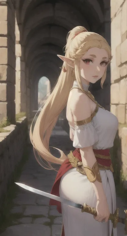 goddess candidate, hylia, blonde, red eyes, looking at viewer pov, hylian armor, ponytail hairstyle, medieval town ruins, sword ...