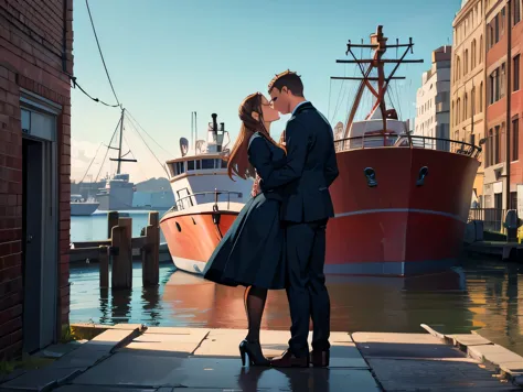 victorian couple, kissing, shipyard, full body