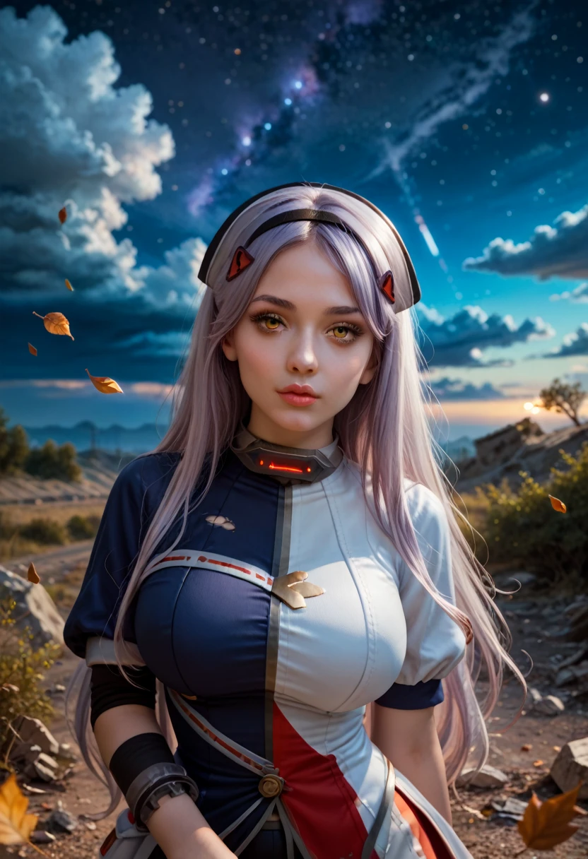 1girl, solo, large breasts,long eyelashes,thick_lips, (beautiful face, detailed face, ,
,face perfect), (yellow eyes, asymmetrical legwear, asymmetrical clothes, Black_lilith), outside,s, night,midnight,sky,cloud,starry sky,star (sky),battlefield, wasteland, destroyed, collapsed, rocks,fall season, welk,leaves,windy,wavy_hair,,light particles,