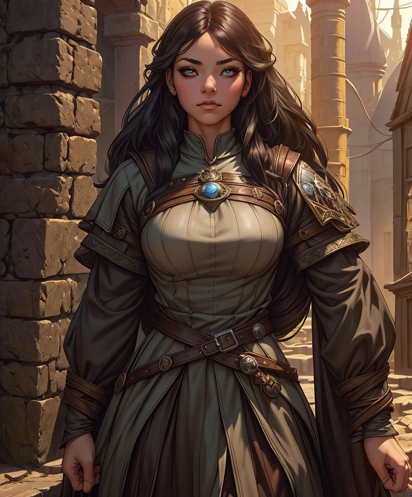 Solo focus.  Single character image. (((Dressed in traditional medieval fantasy attire for a dark fantasy game.)))  (((Appears to be 20 years old with youthful looks.))) (((Dungeon background.))) (((Dressed in medieval fantasy attire.))) Female fantasy character.  Human.  Dark clothing.  Exciting.  Frustrated expression.  Looks like a cute girlfriend.  Long black hair in pigtails.  ultra detailed, epic masterpiece, ultra detailed, intricate details, digital art, unreal engine, 8k, ultra HD, centered image award winning, fantasy art concept, digital art, centered image, flirty, best quality:1.0,hyperealistic:1.0,photorealistic:1.0,madly detailed CG unity 8k wallpaper:1.0,masterpiece:1.3,madly detailed photo:1.2, hyper-realistic lifelike texture:1.4, picture-perfect:1.0,8k, HQ,best quality:1.0,