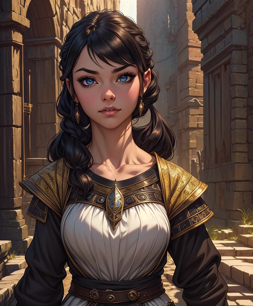 Solo focus.  Single character image. (((Dressed in traditional medieval fantasy attire for a dark fantasy game.)))  (((Appears to be 20 years old with youthful looks.))) (((Dungeon background.))) (((Dressed in medieval fantasy attire.))) Female fantasy character.  Human.  Dark clothing.  Exciting.  Frustrated expression.  Looks like a cute girlfriend.  Long black hair in pigtails.  ultra detailed, epic masterpiece, ultra detailed, intricate details, digital art, unreal engine, 8k, ultra HD, centered image award winning, fantasy art concept, digital art, centered image, flirty, best quality:1.0,hyperealistic:1.0,photorealistic:1.0,madly detailed CG unity 8k wallpaper:1.0,masterpiece:1.3,madly detailed photo:1.2, hyper-realistic lifelike texture:1.4, picture-perfect:1.0,8k, HQ,best quality:1.0,