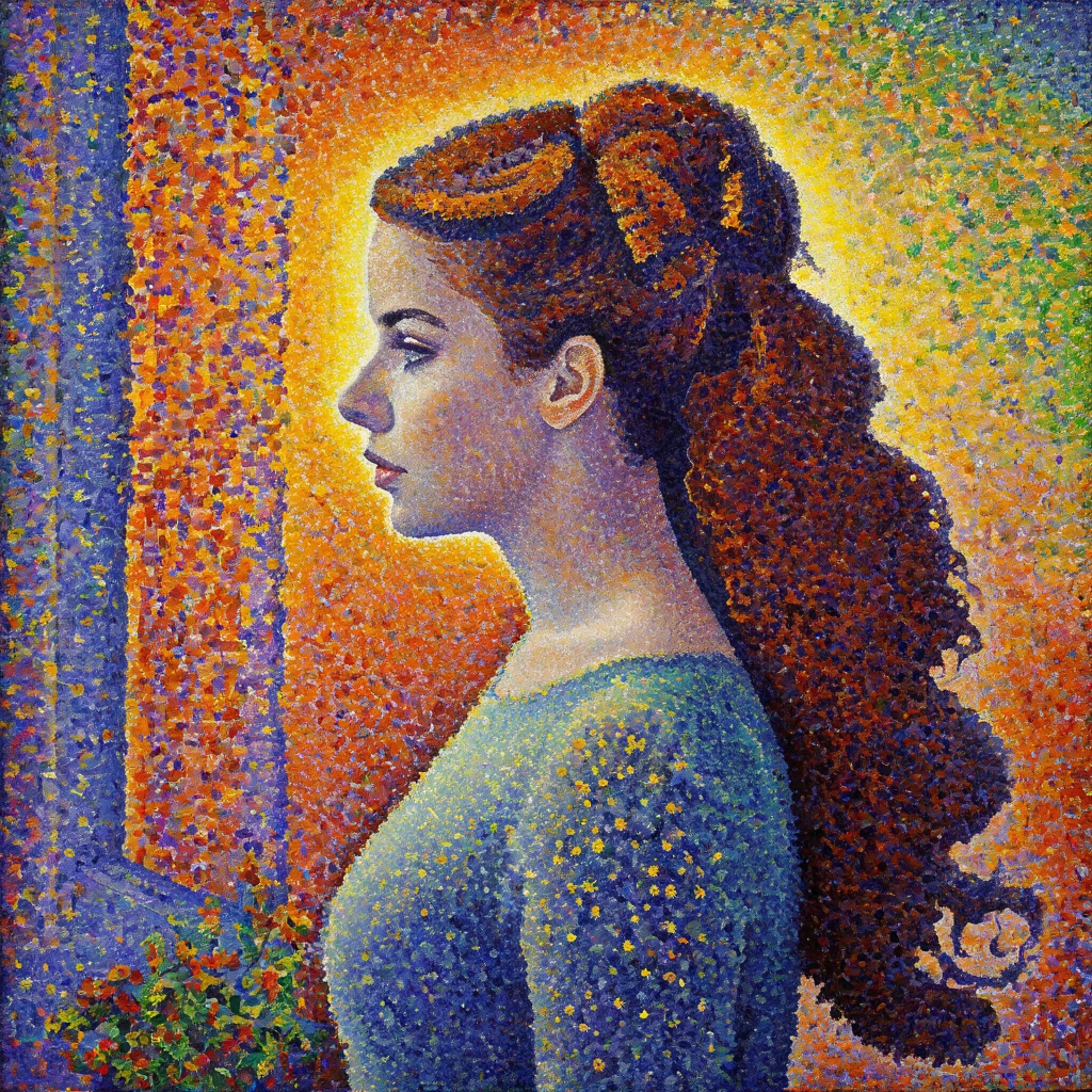 Inspired by Paul Signac, painted using pointillism:1.23, Beautiful A Young Star Girl, Long Hair, Head and Shoulder Pose, Gaze Staring at the Buell, Bright Tone, High Resolution, Masterpiece, Top Quality