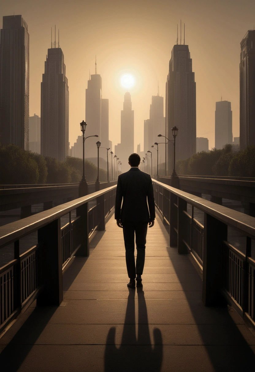 (Backlight), Between the towering buildings, a strong backlight shines from behind, creating a silhouette of the entire city. Neon lights and street lamps reflect a faint light, which stands out in this strong contrast. A  figure stood on the bridge, with its back to the light source, looking into the distance as if pondering something important. Beautiful cinematic lighting, surreal, color graded, dynamic movement, captivating chiaroscuro, full body, award-winning, cinematic still, emotional, vignette, dynamic, vivid, (masterpiece, best quality, photorealistic, Professional, perfect composition, very aesthetic, absurdres, ultra-detailed, intricate details:1.3)