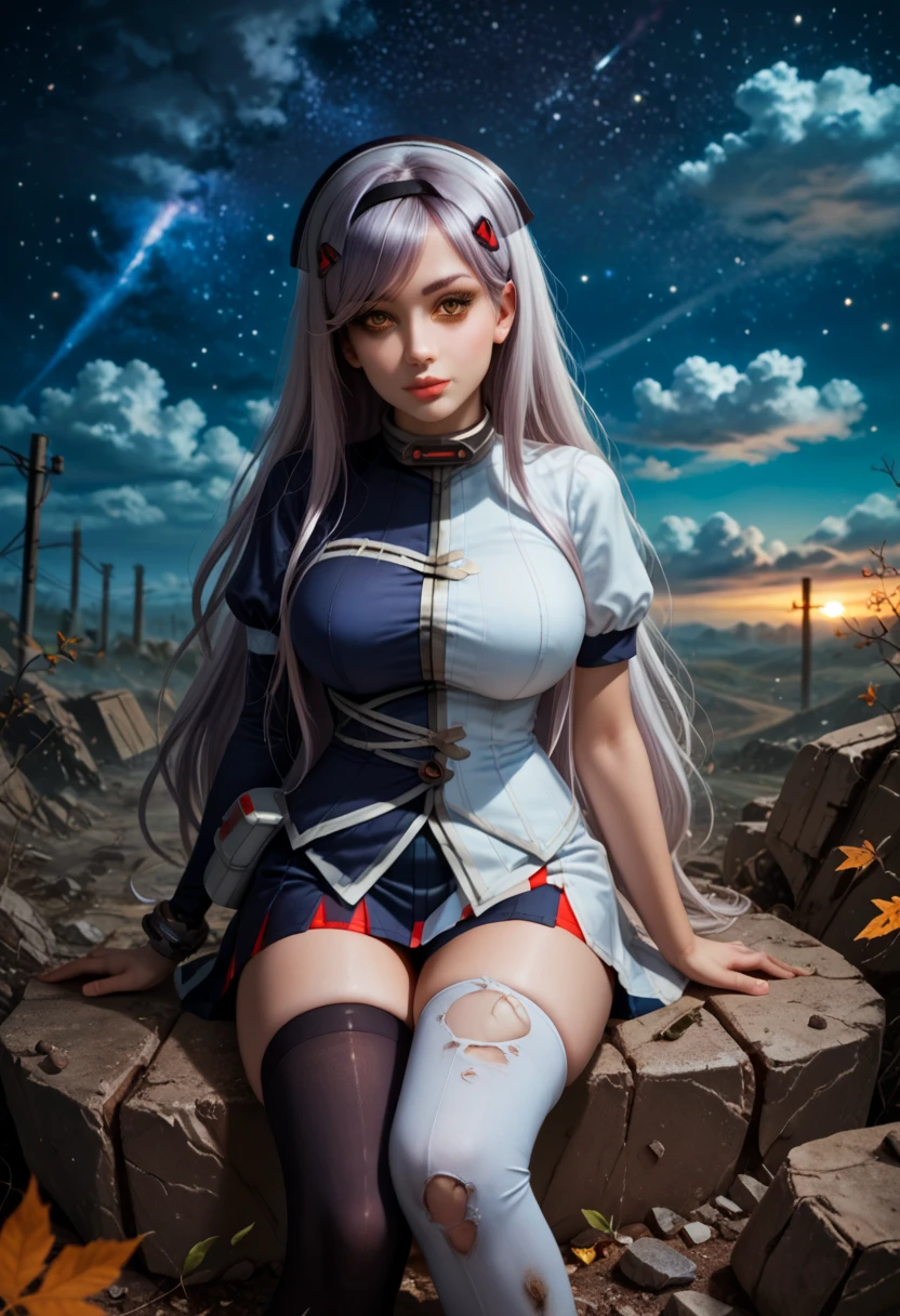 1girl, solo, large breasts,long eyelashes,thick_lips, (beautiful face, detailed face, ,
,face perfect), (yellow eyes, asymmetrical legwear, asymmetrical clothes, Black_lilith), outside,s, night,midnight,sky,cloud,starry sky,star (sky),battlefield, wasteland, destroyed, collapsed, rocks,fall season, welk,leaves,windy,wavy_hair,,light particles,