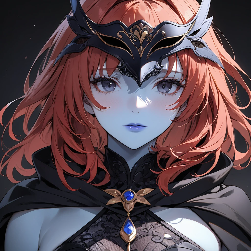 ((Highest quality)), ((masterpiece)), (detailed), （Perfect Face）The woman is Celica, expressionless, with blue skin, all black eyes, no light, red hair, a black revealing leotard-like outfit, a black cape, a masquerade mask, and blue lipstick.、The woman&#39;s soul is taken away by the evil god worshipping Douma cult, and she loses her sense of self and serves the evil god.、A woman is being embraced and kissed by an old, blue-skinned male priest of an evil god.