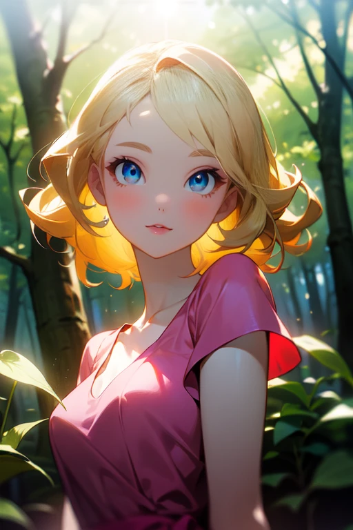 (masterpiece, best quality:1.2), (super details), anime, lens flare, glowing light, woman in a pink dress standing in the woods, (photography), modeling shoot, beautiful girl, (beautiful face), slender blonde girl, fashion photography portrait, pale skin curly blond hair, light flare, vibrant color