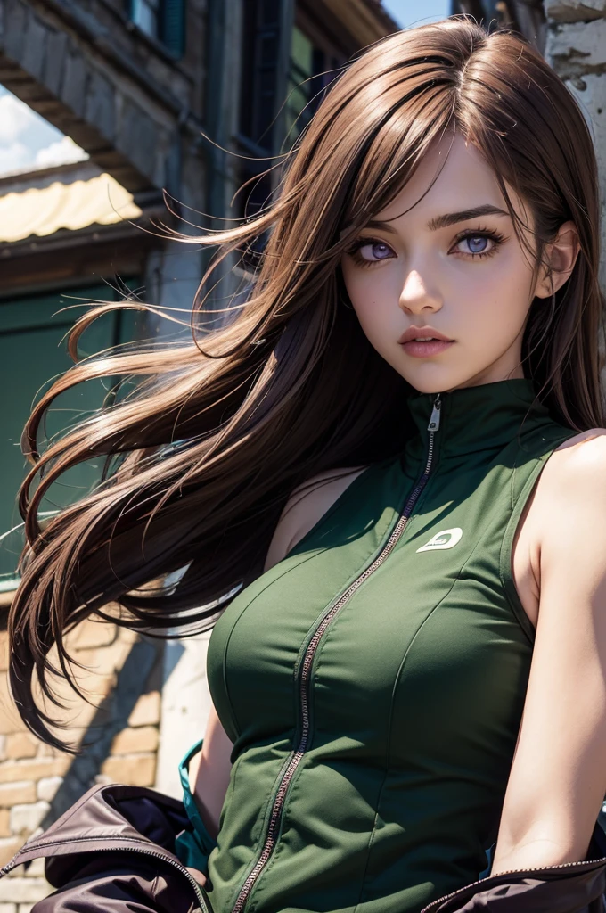 Italian Girl anime version (power to control the wind, purple eyes and light brown medium hair, green and black sleeveless clothes and jacket in Italy)