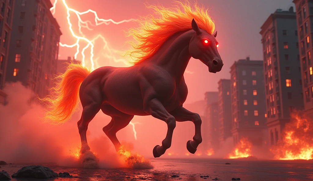 horse running in the city with red light coming from its eyes, digital horse, fire and flames mane, riding on a prancing horse, horse, horse racing concept art, red lightning, sakimi, horse head animal merge, horse warrior, anthropomorphic horse, galloping, ride horse, beautiful horse, horse is running, centaur horse