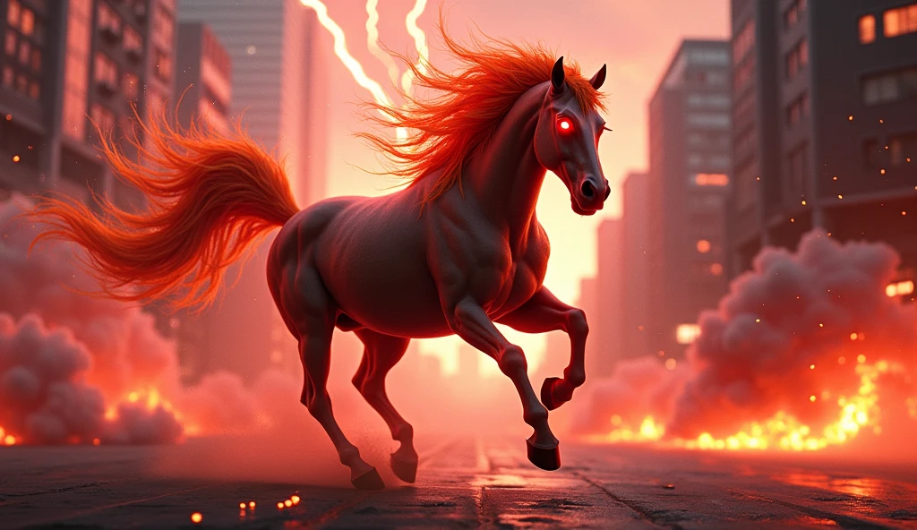 horse running in the city with red light coming from its eyes, digital horse, fire and flames mane, riding on a prancing horse, horse, horse racing concept art, red lightning, sakimi, horse head animal merge, horse warrior, anthropomorphic horse, galloping, ride horse, beautiful horse, horse is running, centaur horse