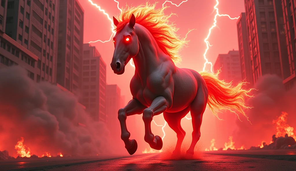 horse running in the city with red light coming from its eyes, digital horse, fire and flames mane, riding on a prancing horse, horse, horse racing concept art, red lightning, sakimi, horse head animal merge, horse warrior, anthropomorphic horse, galloping, ride horse, beautiful horse, horse is running, centaur horse