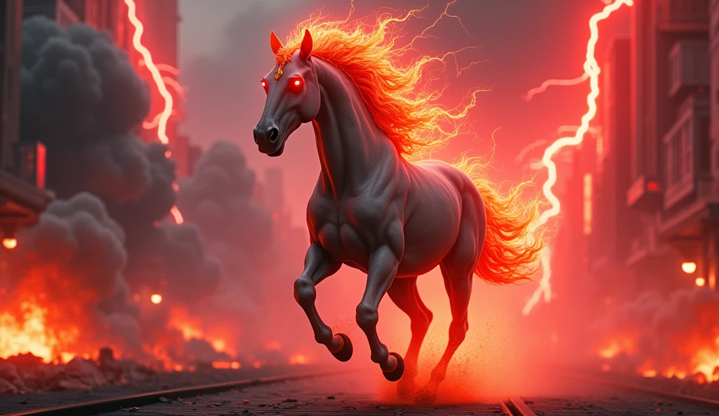 horse running in the city with red light coming from its eyes, digital horse, fire and flames mane, riding on a prancing horse, horse, horse racing concept art, red lightning, sakimi, horse head animal merge, horse warrior, anthropomorphic horse, galloping, ride horse, beautiful horse, horse is running, centaur horse