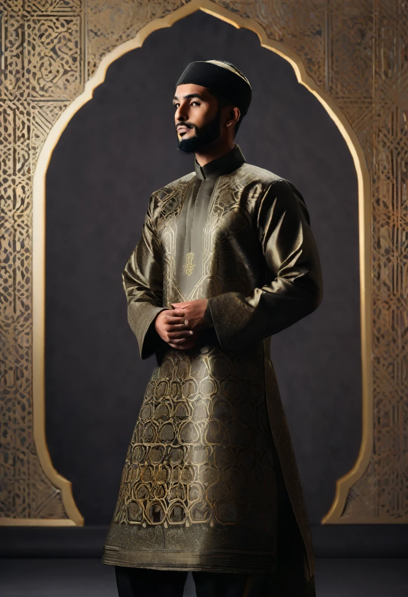 A silhouette of Abu Bakr Ash-Shiddiq, with a background of intricate Islamic geometric patterns in gold, a serene expression, wearing traditional Arabian garments. The design is minimalistic yet elegant, set against a dark background to enhance the contrast, capturing the noble character of Abu Bakr.