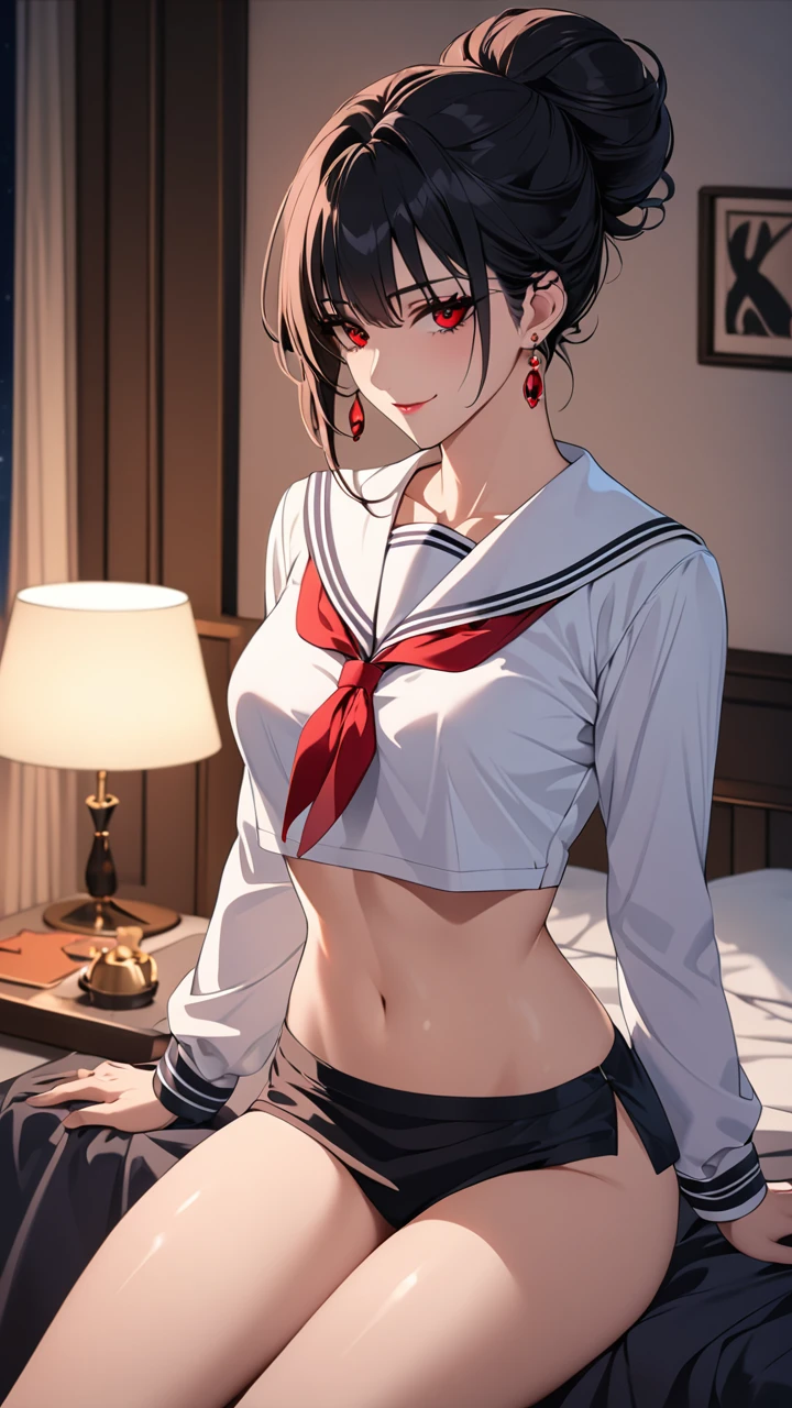 Highest quality　masterpiece　High resolution　masterpiece　Black hair　　Red sharp Eyes, messy bun hair, seductive smile, tight, bedroom, night, mature female, earrings wearing long sleeves sailor uniform, nightmare, seducing, midriff, sit, hot, sexy pose