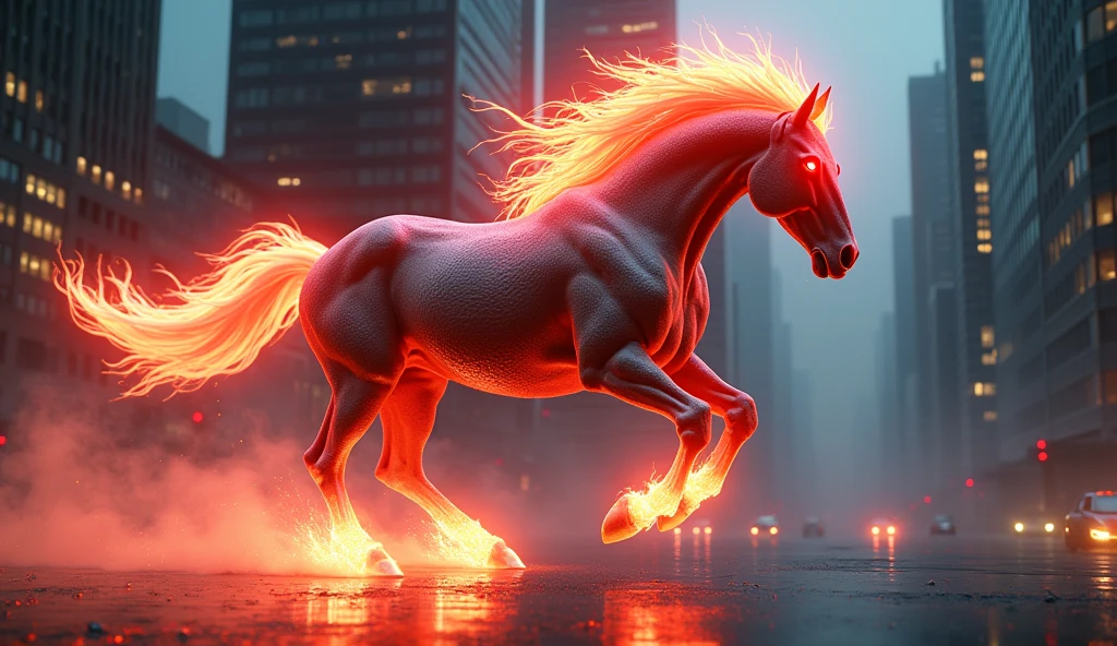 horse running in the city with red light coming from its eyes, digital art by Lisa Nankivil, shutterstock contest winner, fantasy art, digital horse, fire and flames mane, riding on a prancing horse, horse, horse racing concept art, red lightning, sakimi, horse head animal merge, horse warrior, anthropomorphic horse, galloping