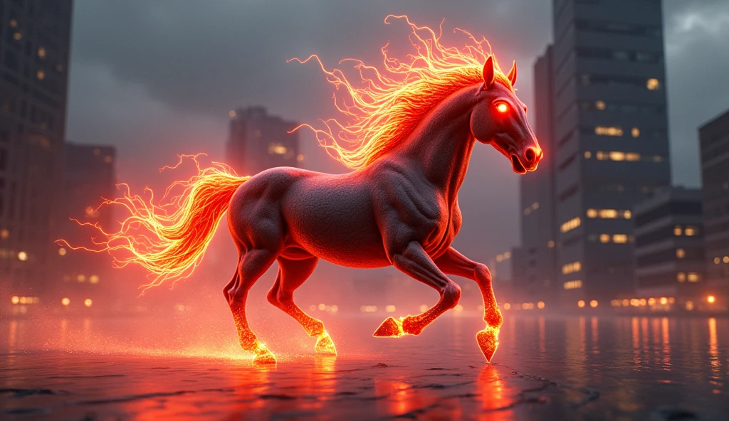 horse running in the city with red light coming from its eyes, digital art by Lisa Nankivil, shutterstock contest winner, fantasy art, digital horse, fire and flames mane, riding on a prancing horse, horse, horse racing concept art, red lightning, sakimi, horse head animal merge, horse warrior, anthropomorphic horse, galloping